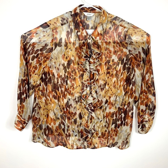 CJ Banks Sheer Vintage Cheetah Inspired Ruffle Career Blouse - Picture 1 of 5